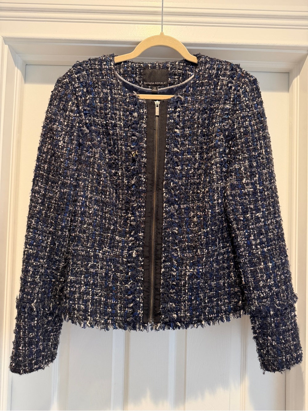 Banana Republic Navy Bouclé Tweed Zip Jacket Fringe Trim Blazer Women’s 14